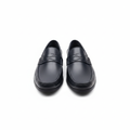 Men's navy wave-strap leather loafer pair ghost mannequin front and sole view