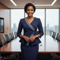 Nigerian female model in corporate office setting wearing Women's Navy Blue Geometric-Trim Peplum Top & Midi Skirt Co-Ord Set