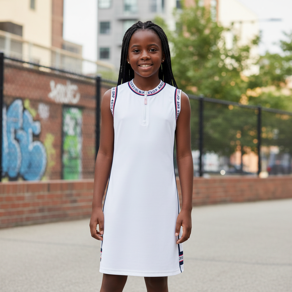 Young Nigerian girl wearing white sporty tape dress