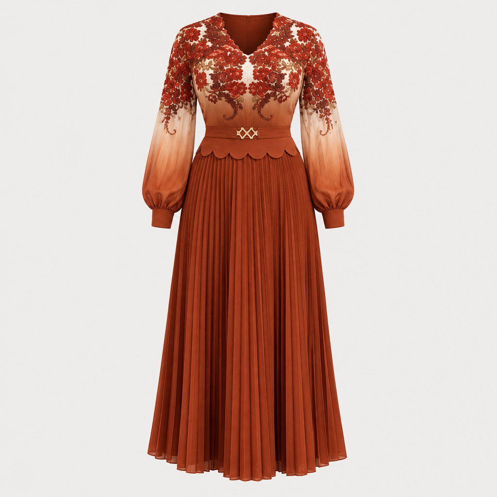 Rust floral pleated dress on invisible mannequin, front view