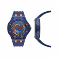 Unisex navy blue octagonal skeleton pop watch with orange accents and exposed colourful mechanical movement, front and side view