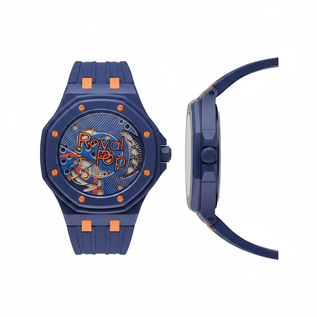 Unisex navy blue octagonal skeleton pop watch with orange accents and exposed colourful mechanical movement, front and side view