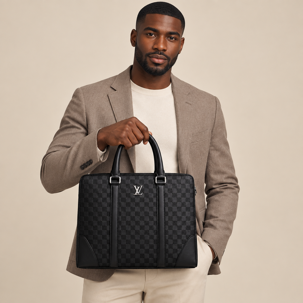 Adult model holding a black checkerboard top-handle bag
