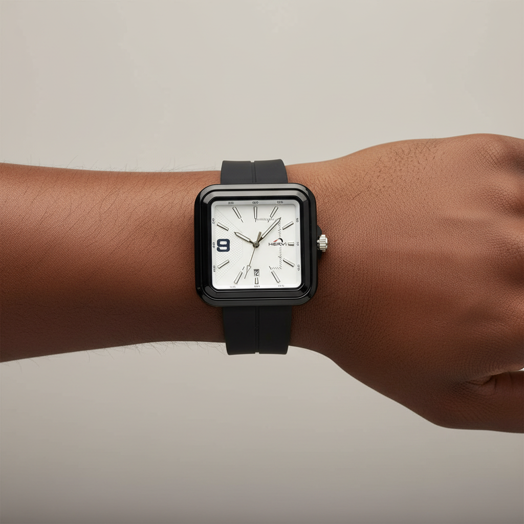 Black square wristwatch with white dial worn on a Black man's wrist