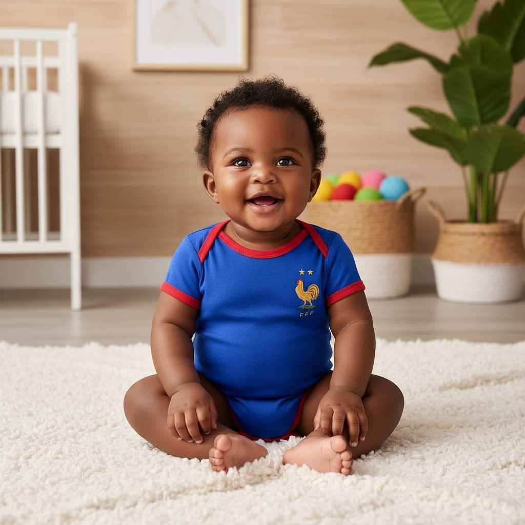Nigerian baby wearing royal blue & red football romper bodysuit lifestyle shot