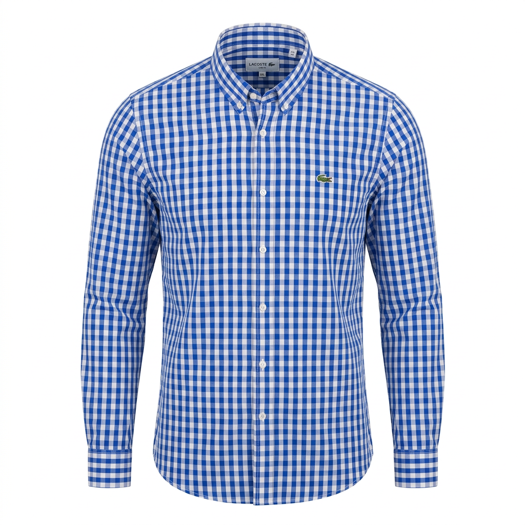 Men’s blue and white gingham long-sleeve shirt, generated ghost mannequin view