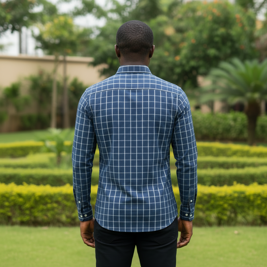 Nigerian model wearing Navy Plaid Button-Down Shirt – Back View