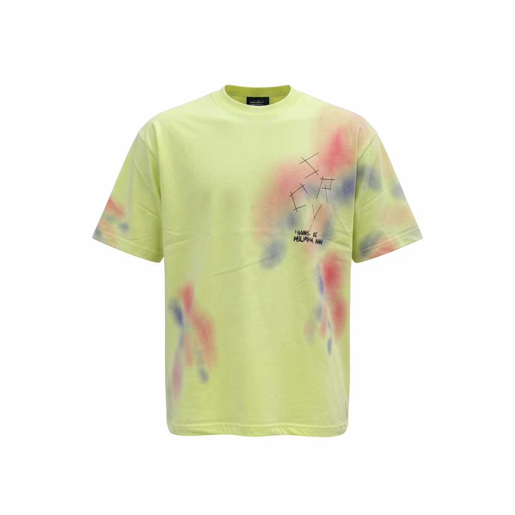 Unisex lime yellow multicolour tie-dye splatter graphic tee – ghost mannequin front view