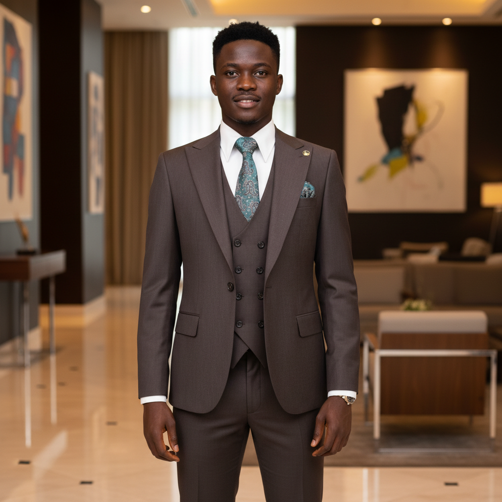 Brown 3-Piece Suit with Teal Tie â€“ Nigerian Model
