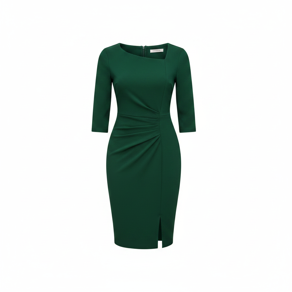 Women's emerald green asymmetric neck ruched drape bodycon midi dress - ghost mannequin view