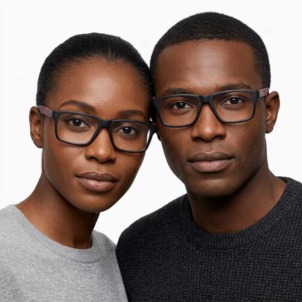 Black adult woman and man wearing black rectangular eyeglasses with burgundy arms