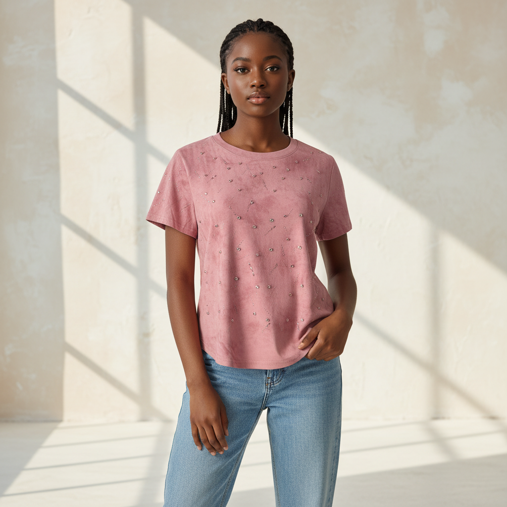 Nigerian teen model wearing Pink Rhinestone Suede Tee