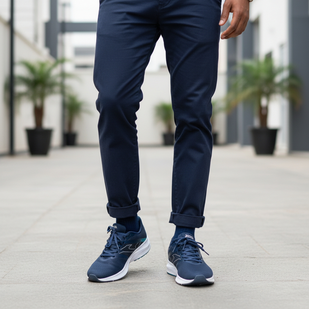 Nigerian male model wearing navy blue mesh athletic runner sneakers, Gen Z street style leg shot