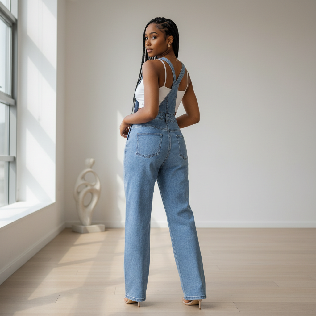 Denim dungaree overalls back view on model