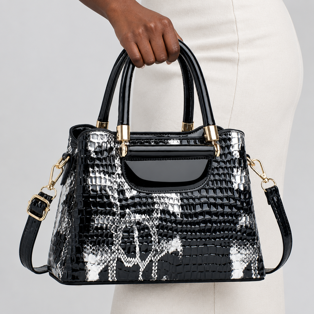 Black croc-textured structured handbag held by a woman's hand