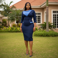 Nigerian female model wearing navy and sky blue colour-block peplum bodycon midi dress