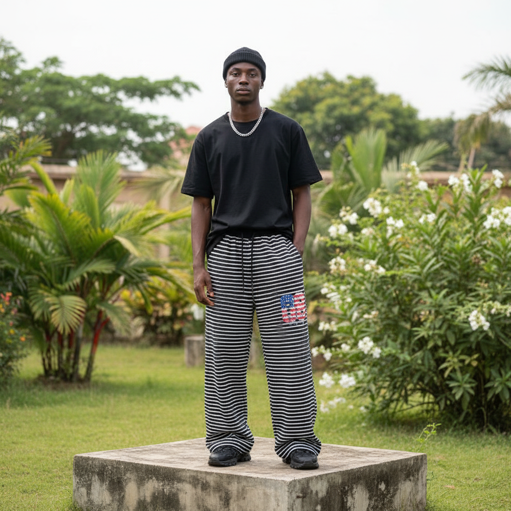 Nigerian male model wearing black and white striped wide-leg sweatpants – full body lifestyle shot