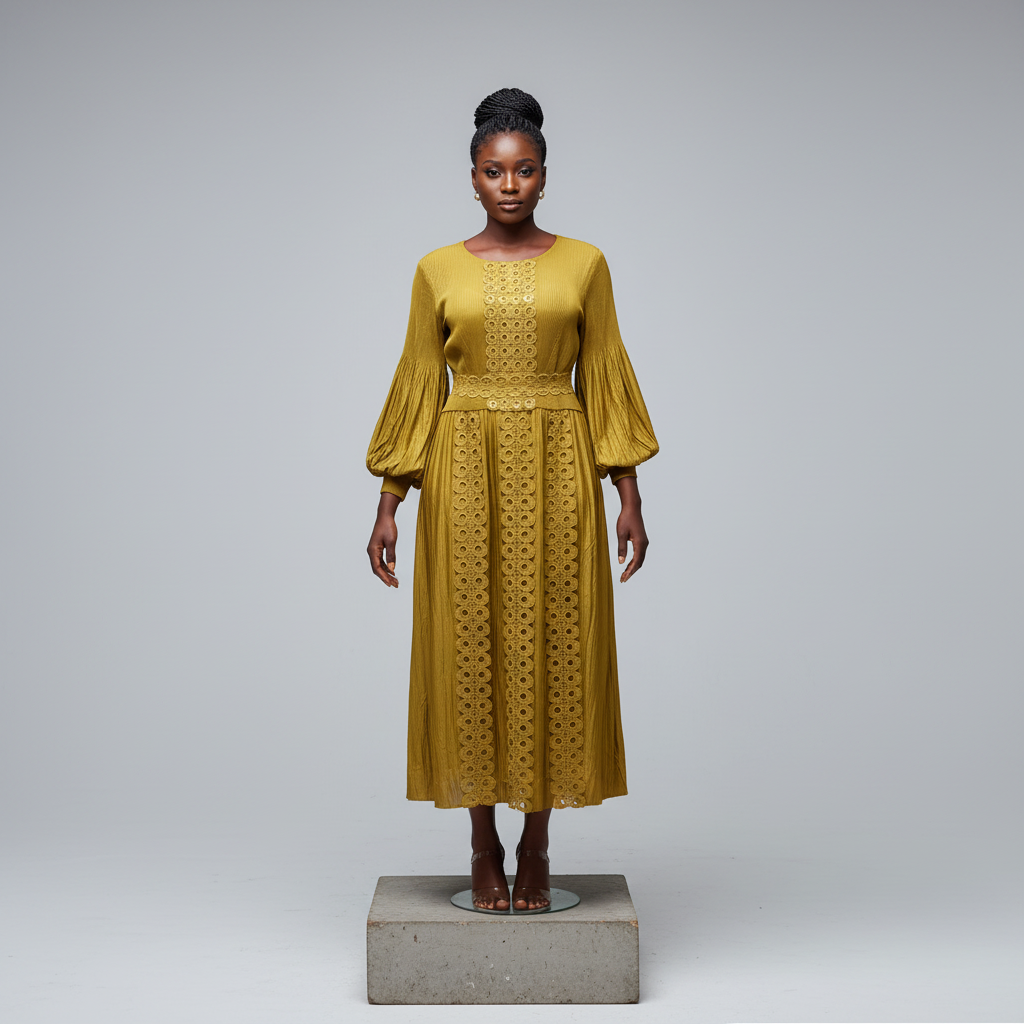 Mustard Yellow Lace Panel Midi Dress - Model Front