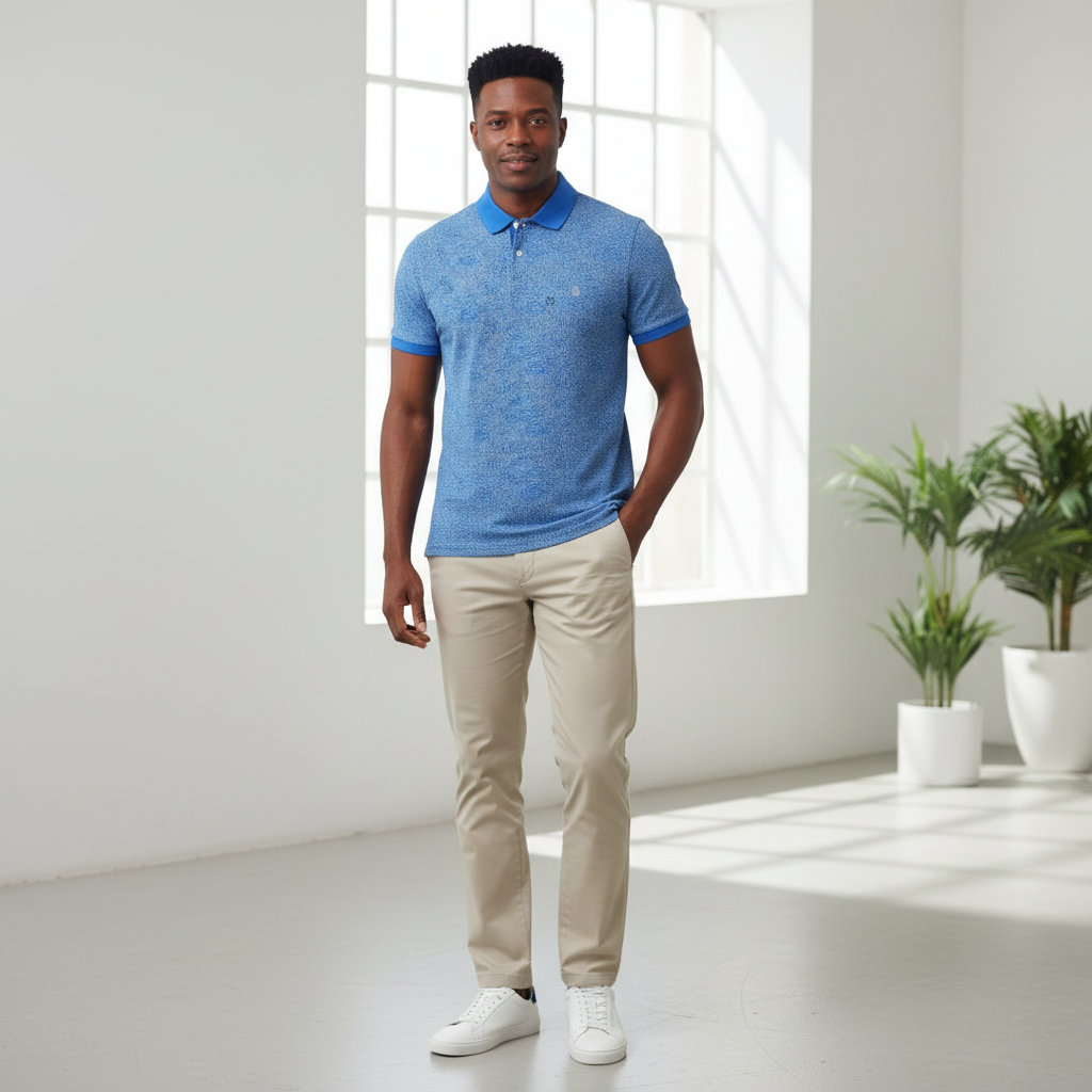 Nigerian adult male wearing blue wave print polo shirt