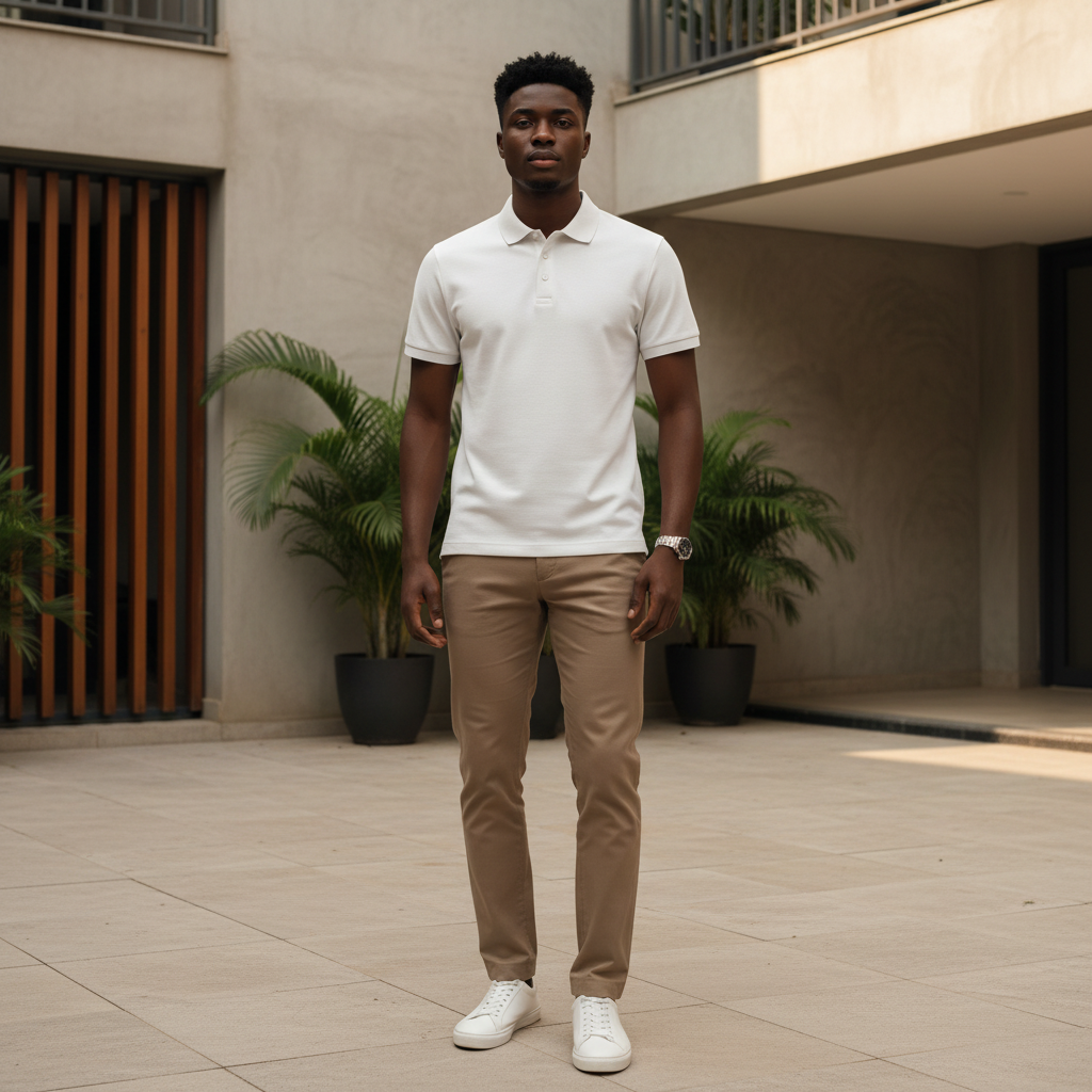 Young Nigerian male model wearing plain white polo shirt