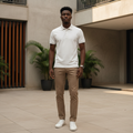 Young Nigerian male model wearing plain white polo shirt