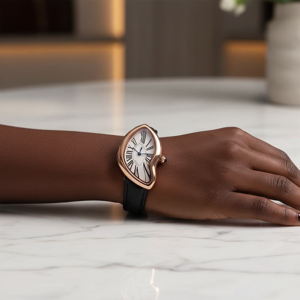Black Nigerian woman wrist shot wearing asymmetric rose gold watch with black strap