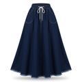 Dark indigo A-line denim maxi skirt with white drawstring and frayed hem