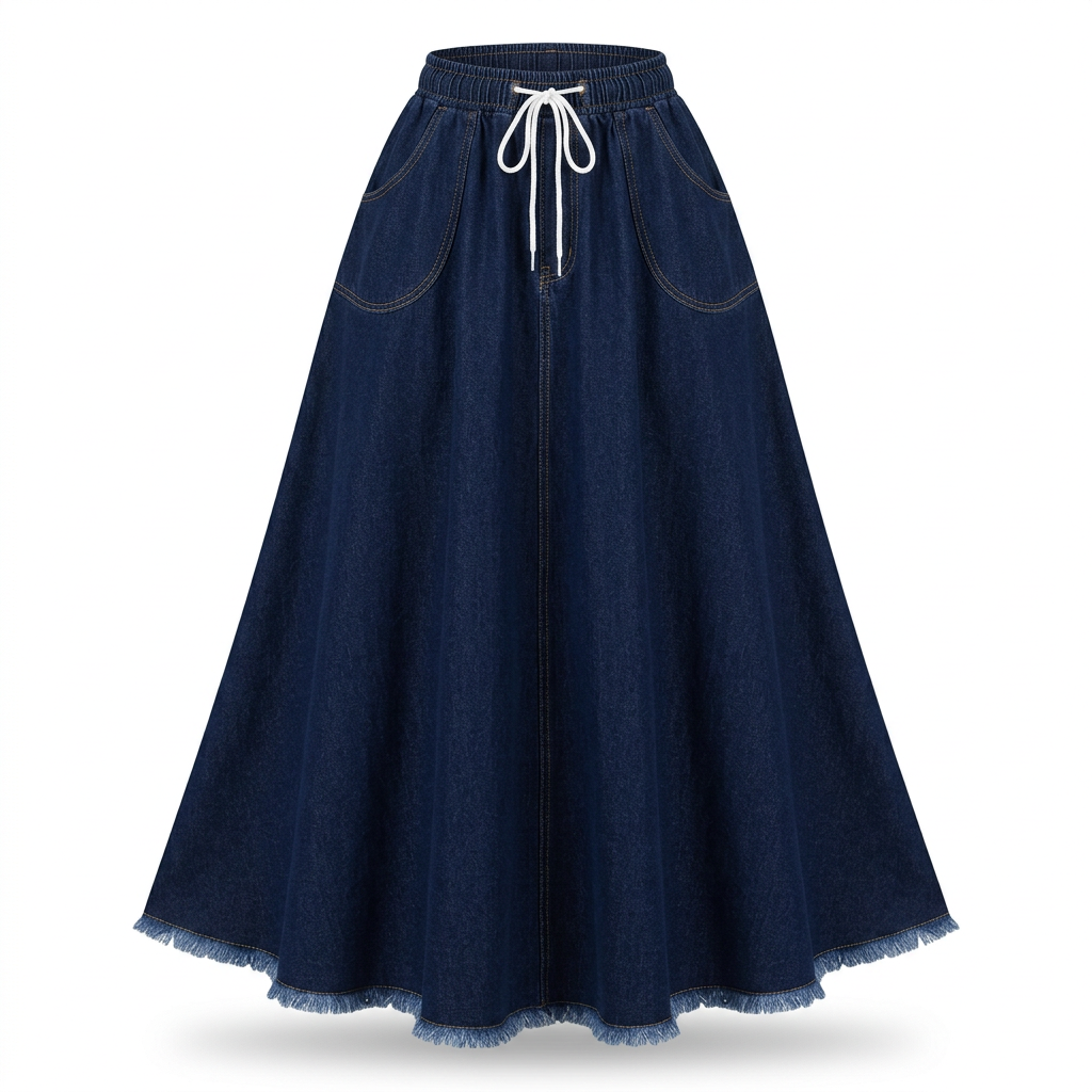 Dark indigo A-line denim maxi skirt with white drawstring and frayed hem