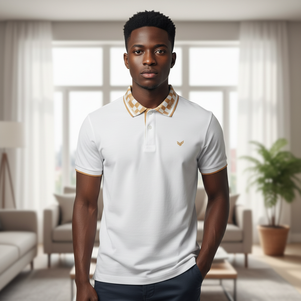 Young Nigerian male model wearing white gold-tipped polo shirt, front view