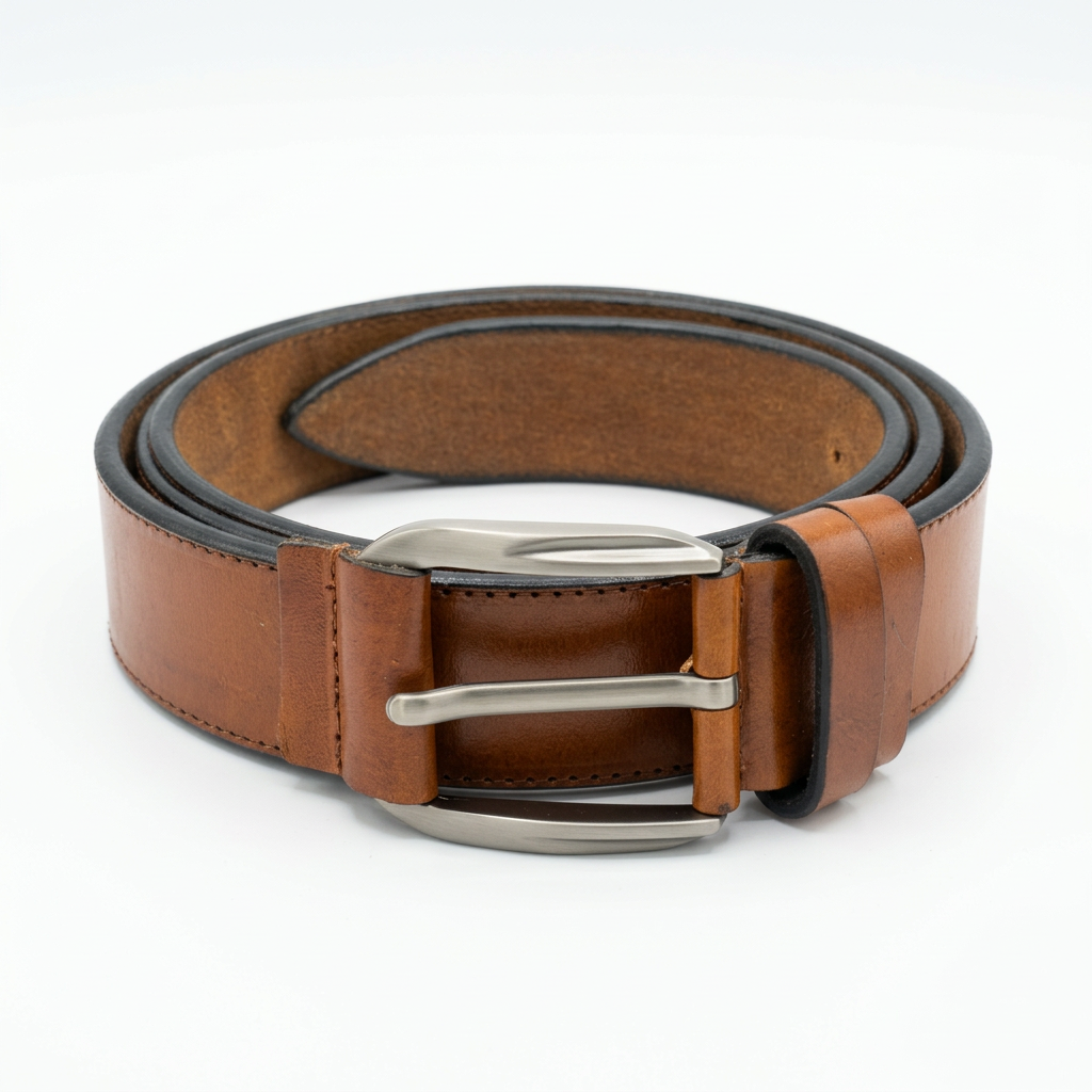Tan brown belt with dark edges and sculpted silver-tone buckle on white background