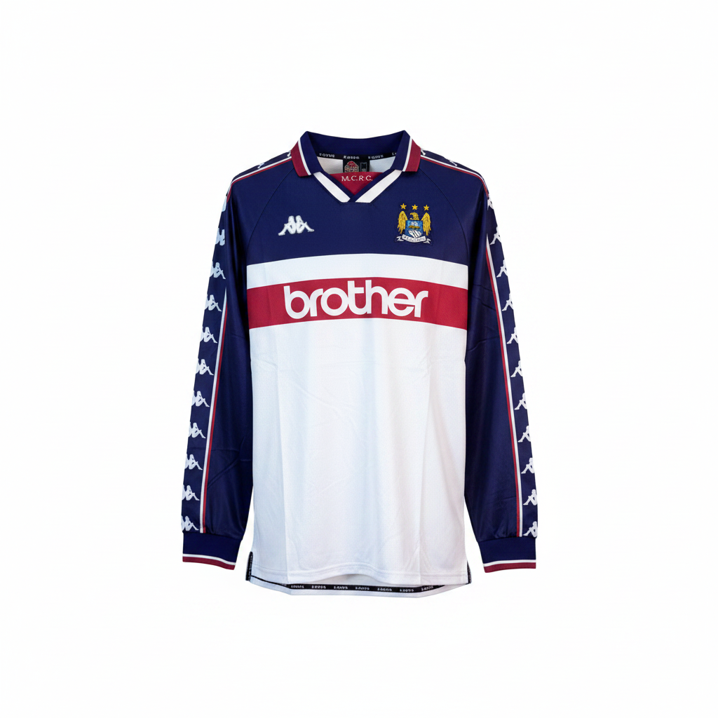 Navy and white long-sleeve retro football jersey with crimson sponsor band — ghost mannequin front view