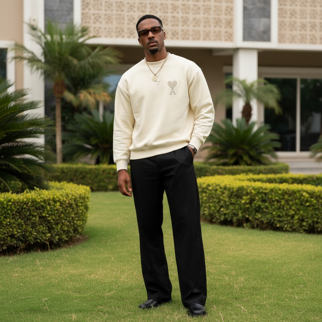 Men's Cream Heart Logo Round Neck Sweatshirt – Nigerian Male Model Shot