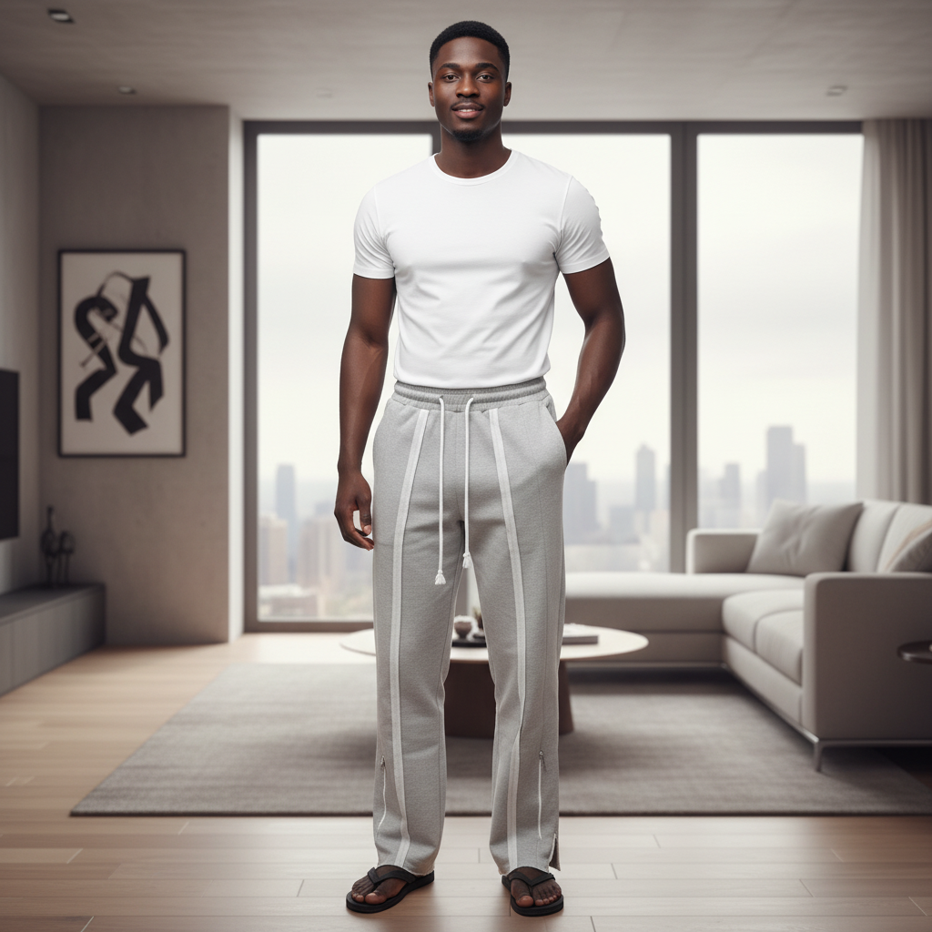 Model shot – John Store Grey Side-Stripe Jogger Pants