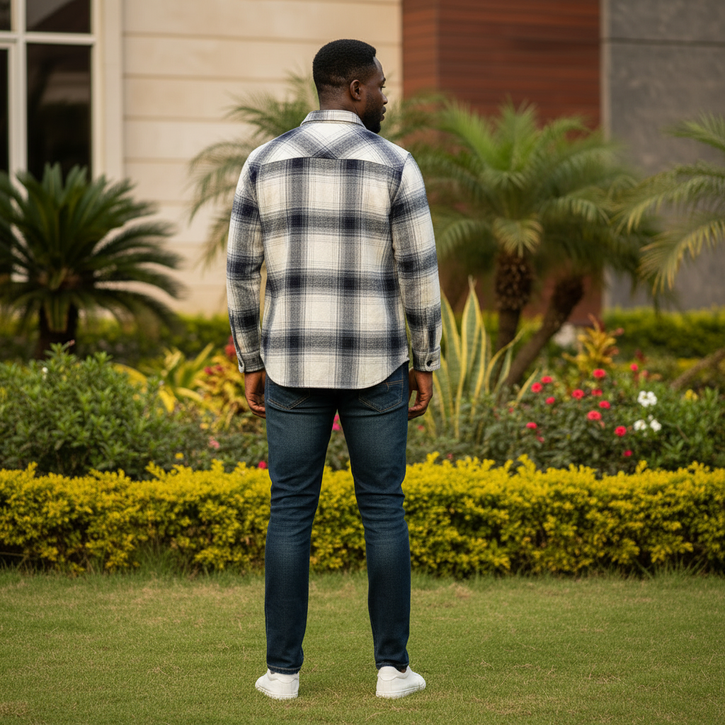 Nigerian male model wearing cream and navy plaid flannel shirt — back view