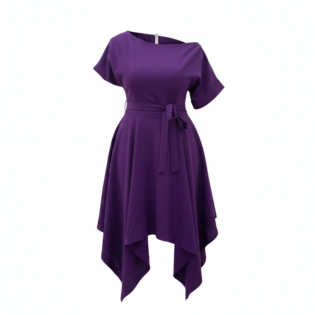 Women's Purple Off-Shoulder Asymmetric Hem Midi Dress – Ghost Mannequin Front View