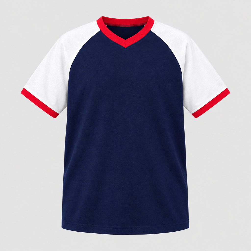 Ghost mannequin view of a navy blue white and red raglan short-sleeve shirt