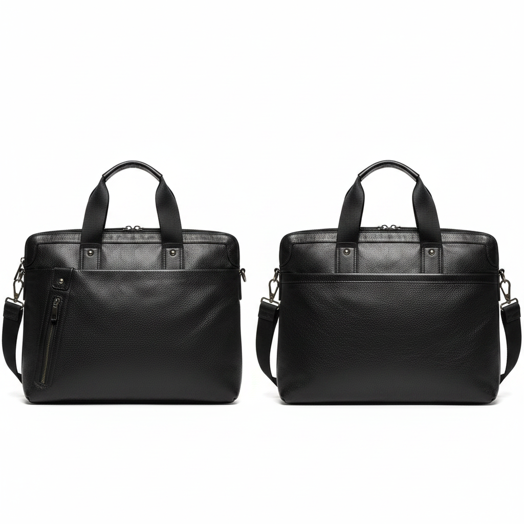 Sobar black pebbled leather laptop briefcase ghost mannequin front and back view
