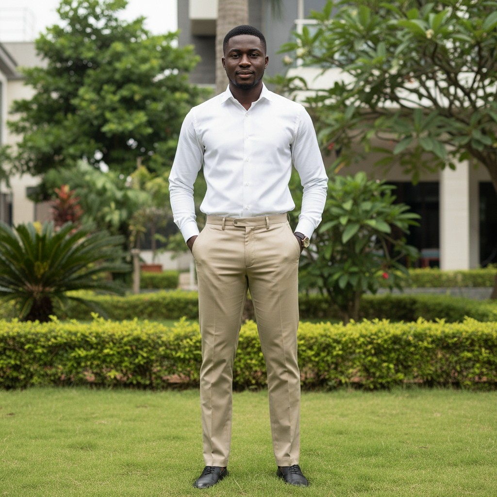 Adult Nigerian male model wearing khaki slim tapered chino trousers in garden setting