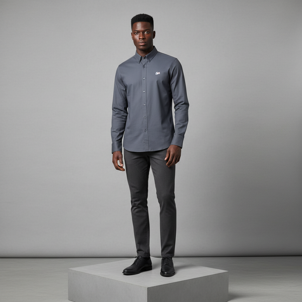 Nigerian male model wearing charcoal grey plain long-sleeved shirt, front view