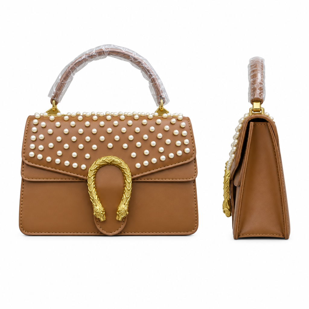 Tan pearl-embellished top-handle bag from the front and side