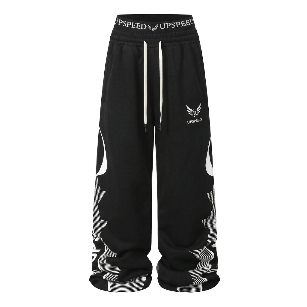Black graphic wide-leg drawstring trousers front view