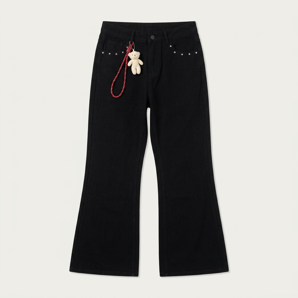 Black stud detail flared trousers with red cord and pale charm