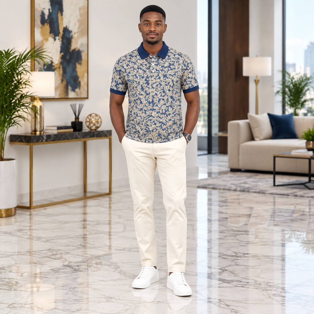 Man wearing blue leaf print contrast collar polo shirt