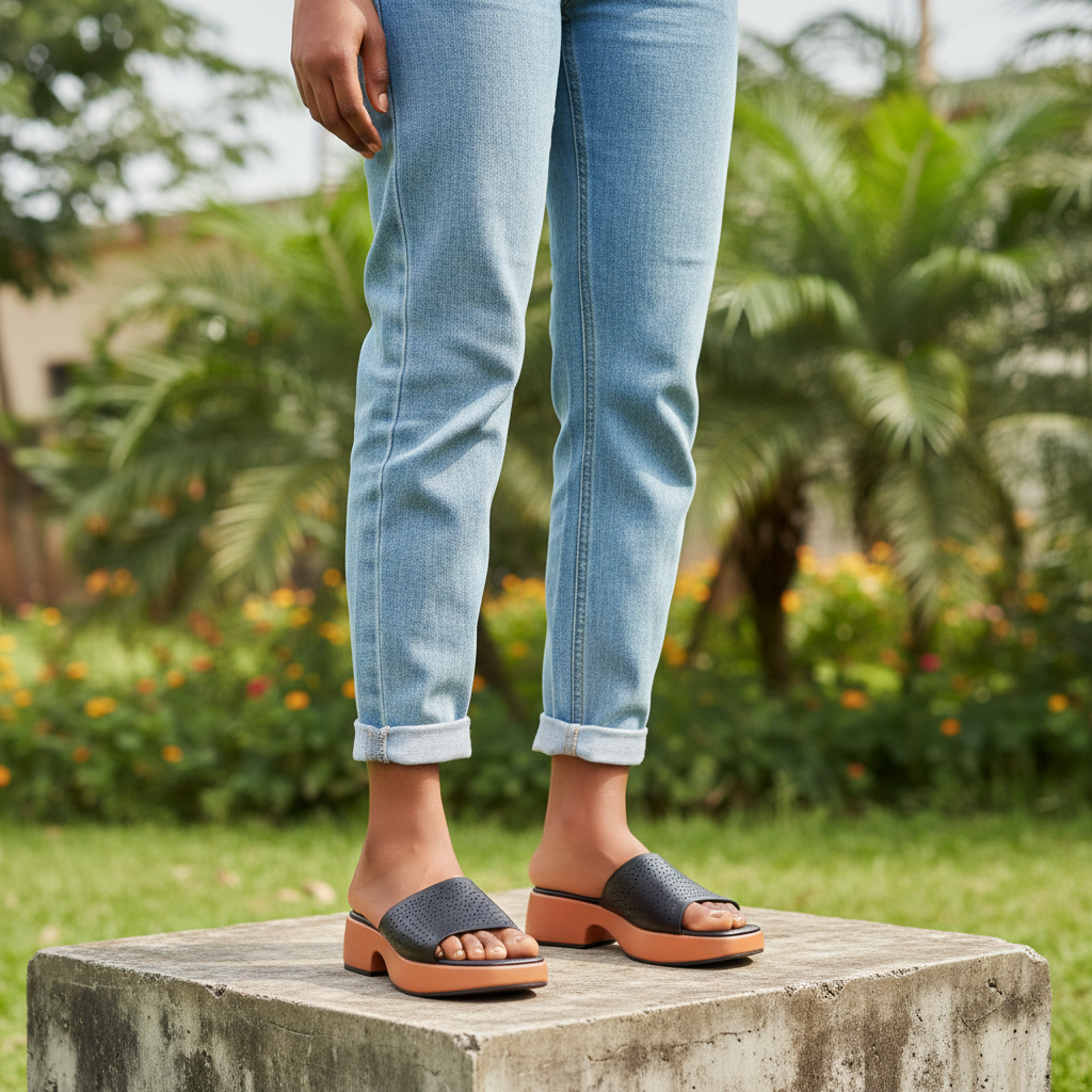 Nigerian female model wearing black platform slide sandals with orange sole – leg focus street style