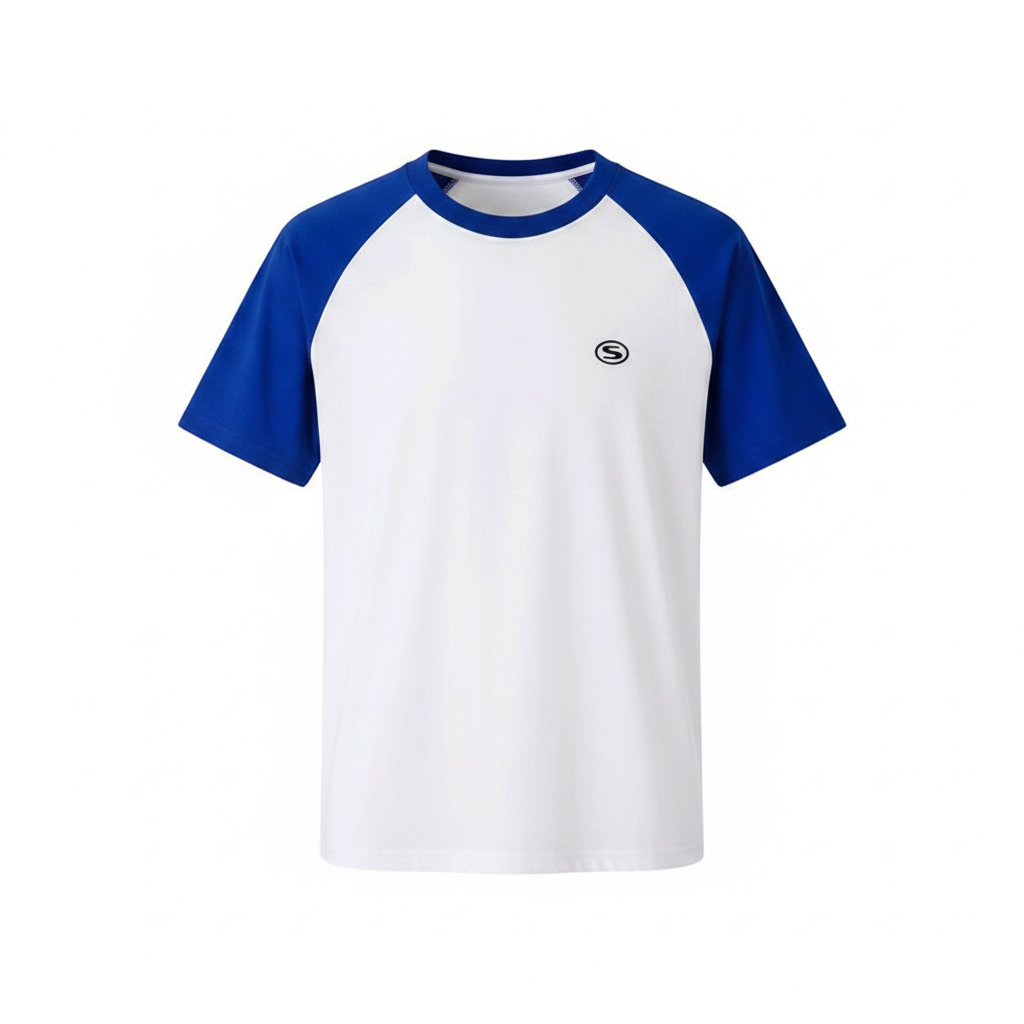 Men's White Blue Raglan Short Sleeve T-Shirt - Ghost Mannequin Front View