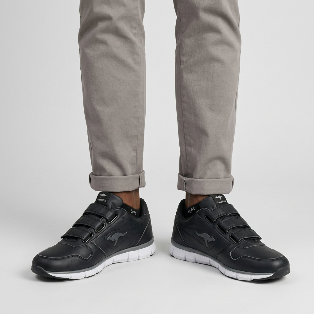 Both feet of Nigerian man wearing black triple-strap sneakers