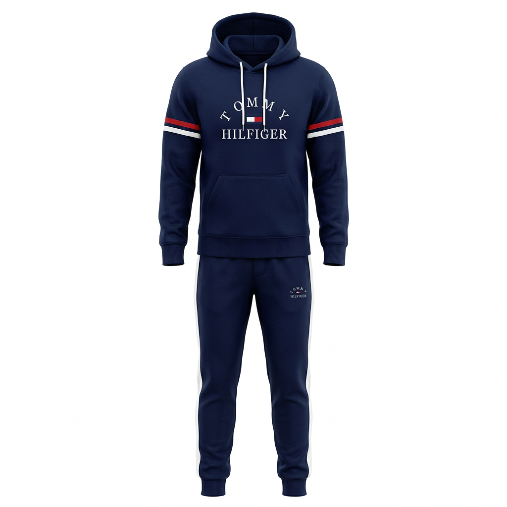 Navy striped-sleeve hoodie and jogger set on an invisible mannequin