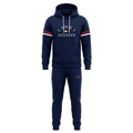 Navy striped-sleeve hoodie and jogger set on an invisible mannequin