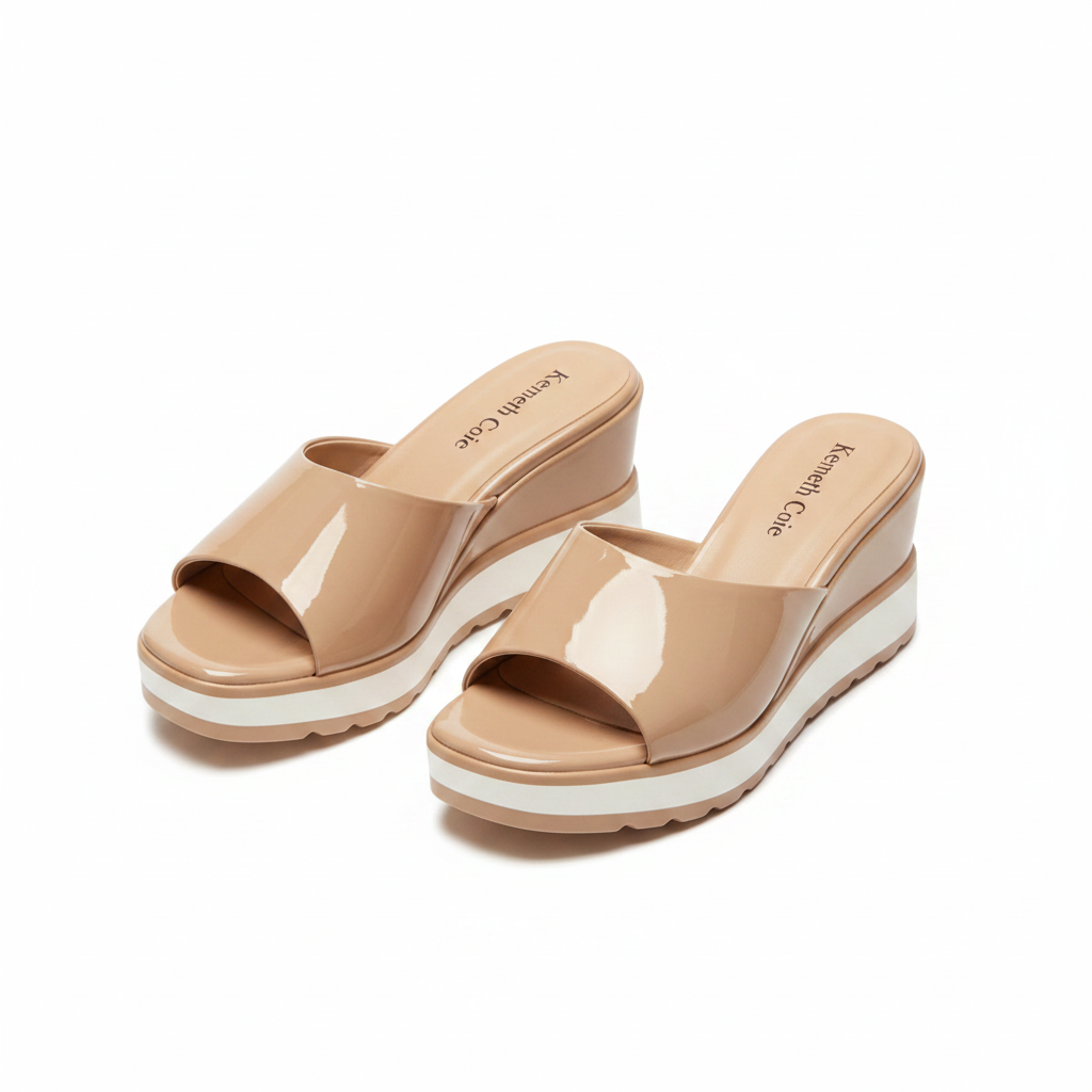 Women's nude beige patent leather platform wedge mule — ghost mannequin pair view