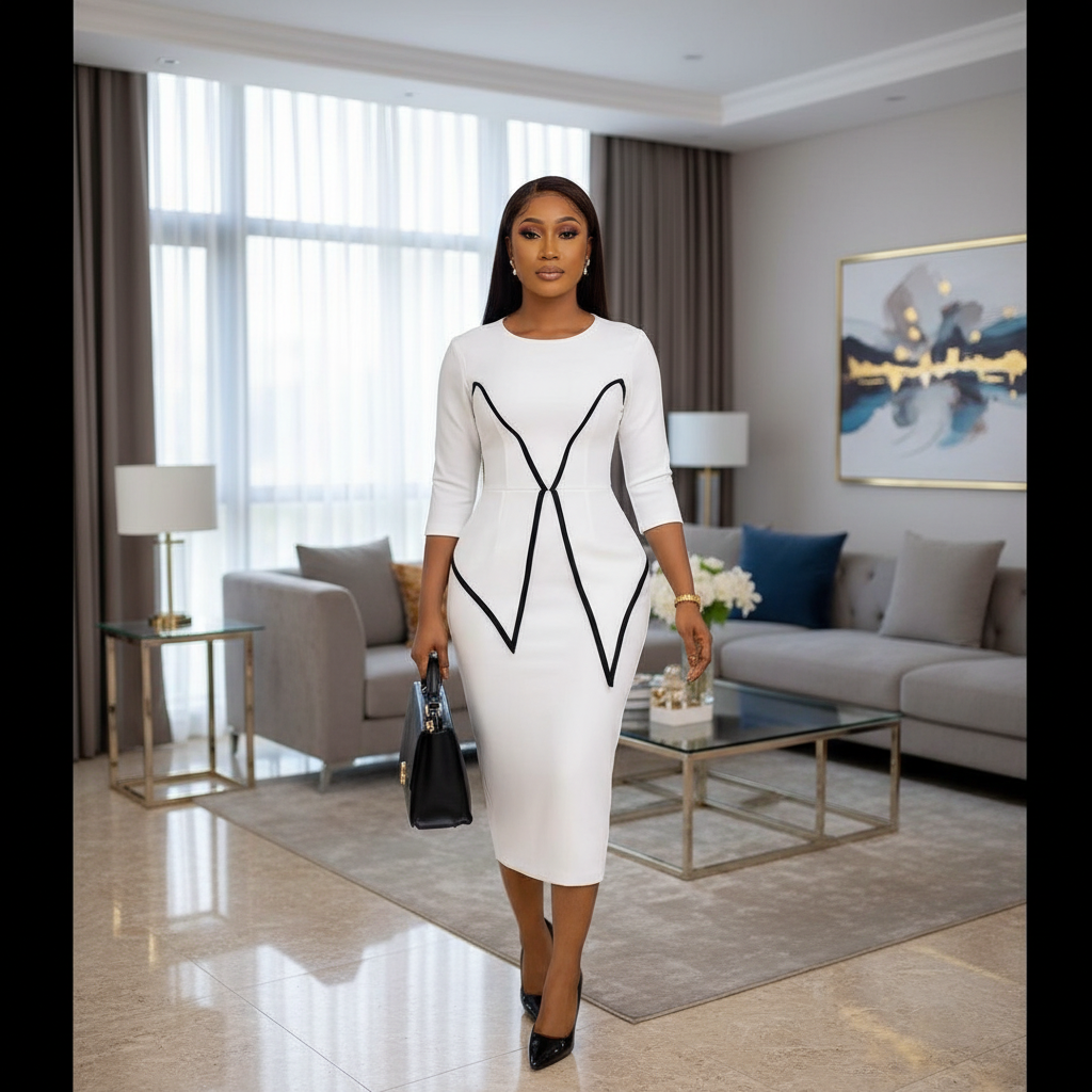Monochrome Lines Midi Dress – Model Shot